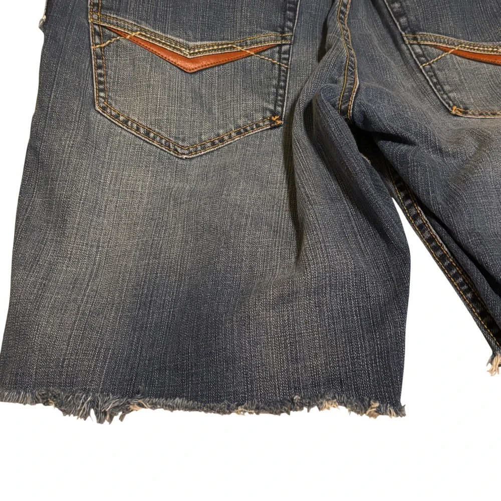 Parish Nation Mens Distressed Denim Shorts Blue Size 36 Raw Hem Embroidered‎